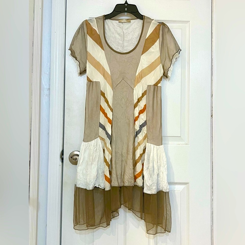Rustic dress with stripes and mesh patchwork design - M